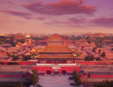 A majestic aerial view of the Forbidden City in Beijing, bathed in the warm hues of a glowing sunset.
